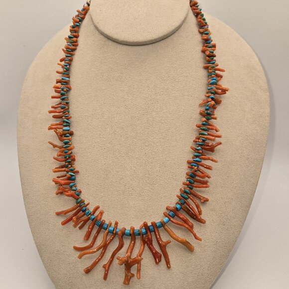 Natural Mediterranean Branch Coral with Turquoise Necklace - Picture 1 of 7
